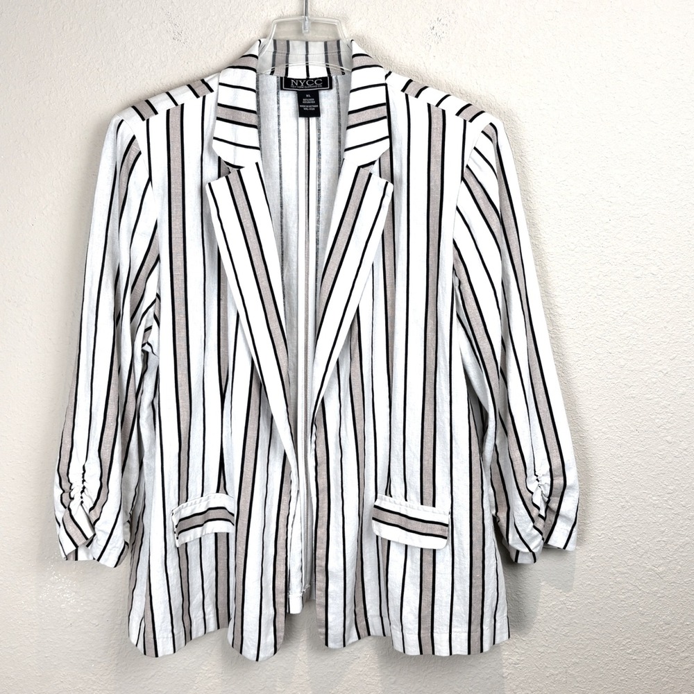 NYCC Womens XL Linen Blend Striped Open Front Blazer Ruched 3/4 Sleeve White Tan